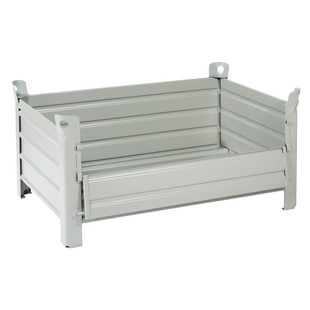 CAISSE-PALETTE TÔLÉE 800X1200X600, 4 PIEDS, 1 DEMI PORTE FACE 1200, GRIS RAL 703