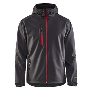 VESTE SOFTSHELL A CAPUCHE GRIS FONCE/ROUGE