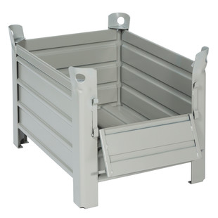 CAISSE-PALETTE TÔLÉE 600X800X600, 4 PIEDS, 1 DEMI PORTE FACE 600, GRIS RAL 7030