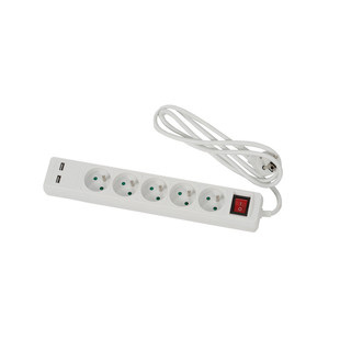 BLOC 5 PRISES + 2 PRISES USB BLANC AVEC INTERRUPTEUR - 1,5M CABLE H05VVF 3G1